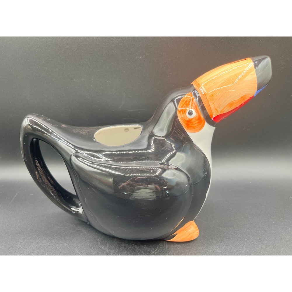 Certified International Coco Dowley Toucan Ceramic Pitcher Bird Tiki Bar Black